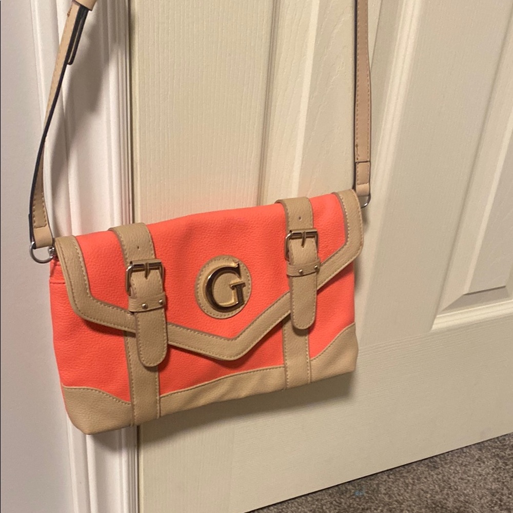 Guess Orange and Tan Crossbody Bag with Monogram Flap